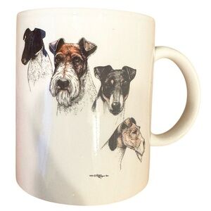 🌈 6/$60 Vintage 1990 Laura Rogers Multiple Fox Terrier Dog Mug White Brown Black